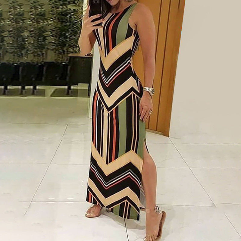 Colorful Striped Print Side Slit Colorblock