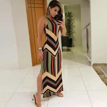 Colorful Striped Print Side Slit Colorblock