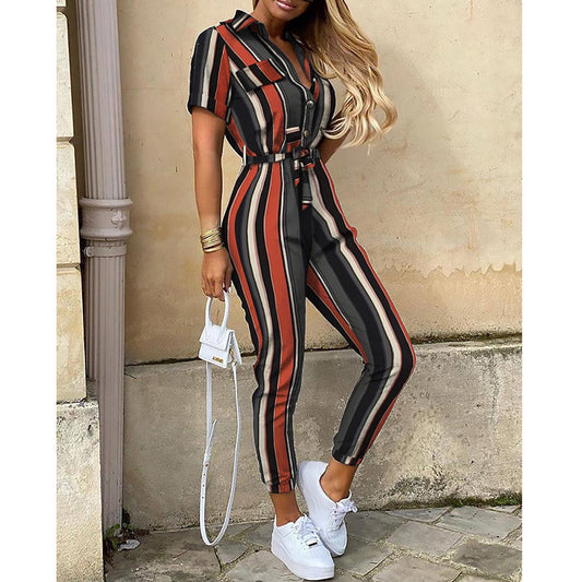 Trousers Casual Lapel Buttoned Printed Belt Overalls