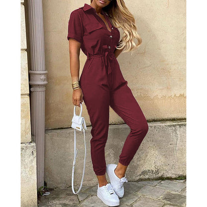 Trousers Casual Lapel Buttoned Printed Belt Overalls