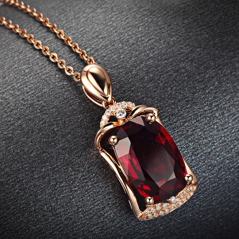 Rose Red Big Gem Pendant, 18K Rose Gold-plated Jewellery With Artificial Red Tourmaline