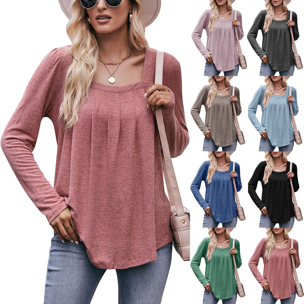 Casual Puff Sleeve Square Collar Pleated Long Sleeve