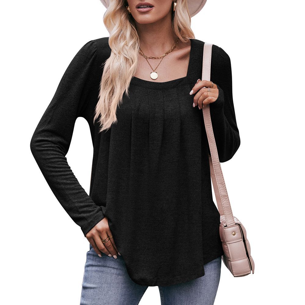 Casual Puff Sleeve Square Collar Pleated Long Sleeve