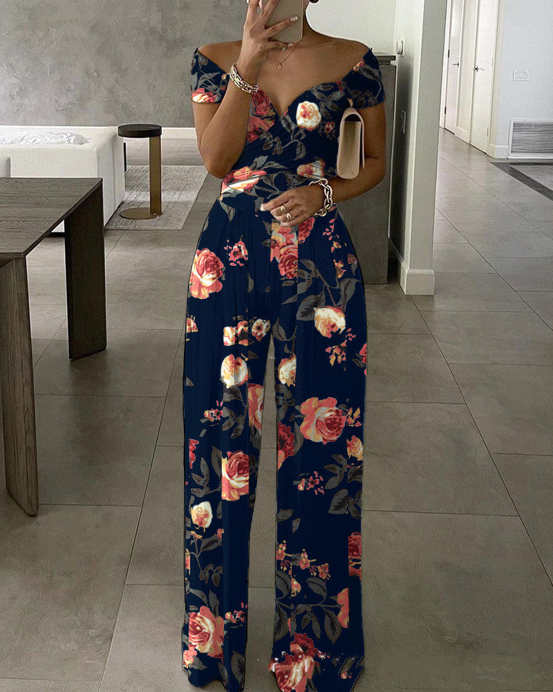 One-shoulder Printed Jumpsuit Trousers