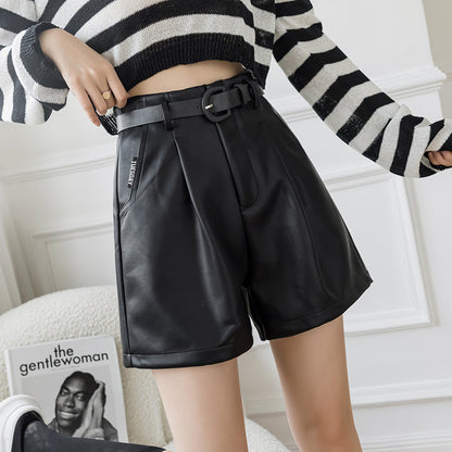 New High Waist Wide Leg A-line PU Outer Wear With Belt Leather Shorts For Women