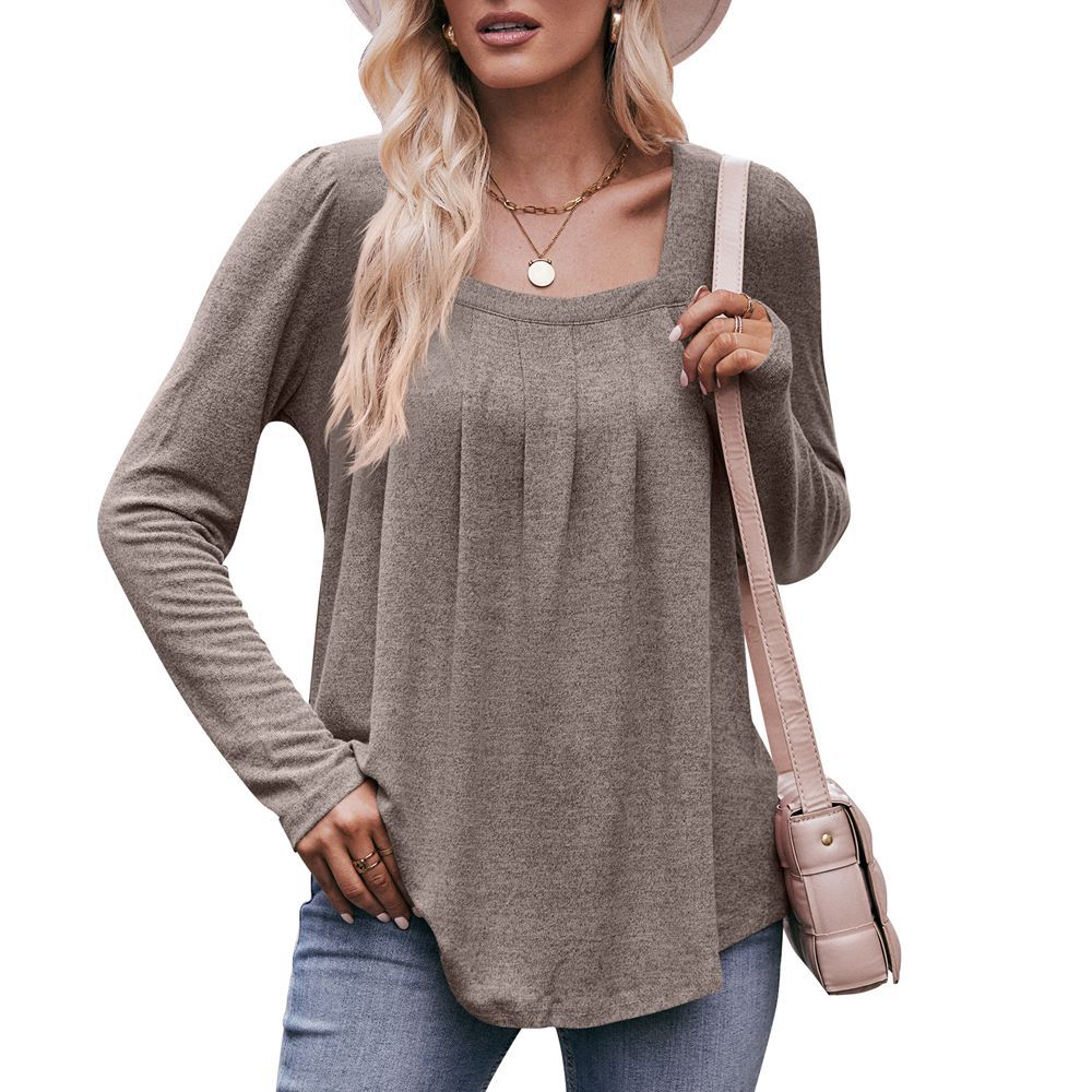 Casual Puff Sleeve Square Collar Pleated Long Sleeve